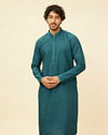 alt message - Manyavar Men Teal Green Self Patterned Kurta Set image number 0